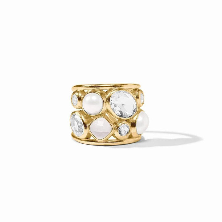 Gold statement ring featuring pearls and quartz gemstones.
