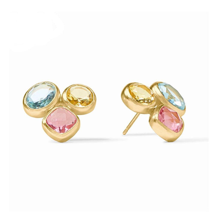 Kaleidoscope Statement Stud earrings: gold-tone, pastel pink, yellow, and blue gemstones.