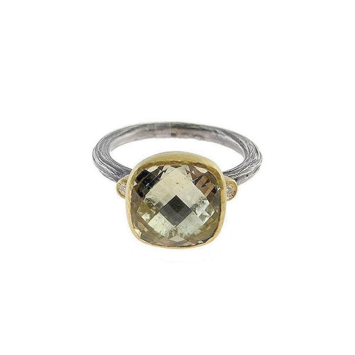 Lemon Quartz ring with diamonds, featuring a cushion-cut gemstone and textured band.