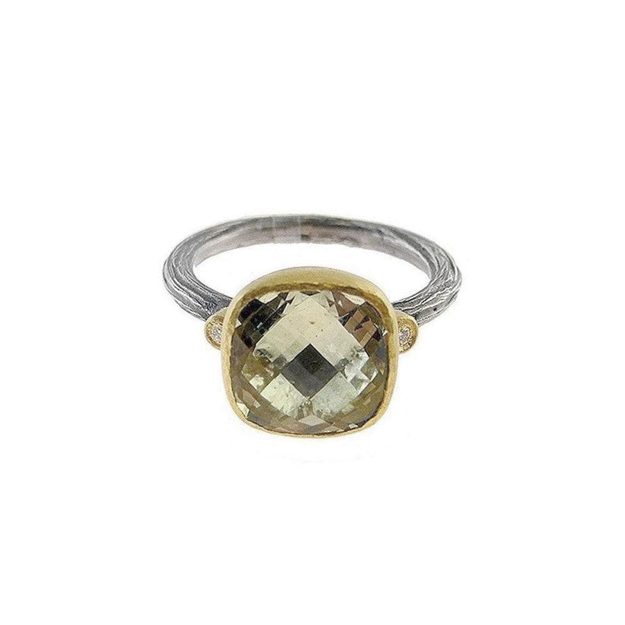 Lemon Quartz ring with diamonds, featuring a cushion-cut gemstone and textured band.