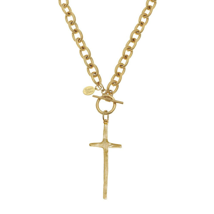 Gold long cross pendant necklace with toggle clasp on a chunky chain