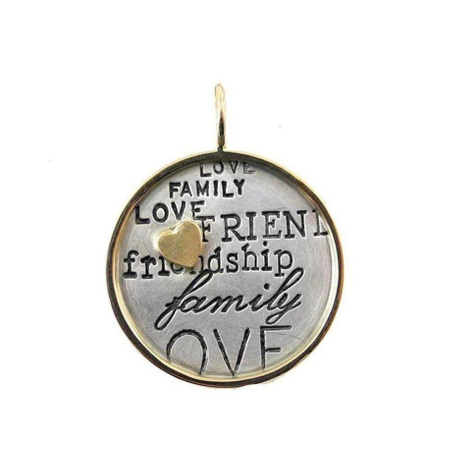 Silver and gold Love Family pendant with engraved words "love family friendship" and small gold heart charm.