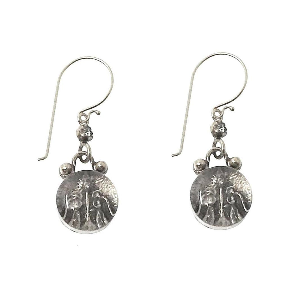 Silver guardian angel hook earrings with etched disc detail.