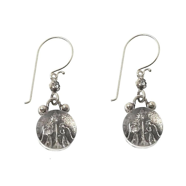 Silver guardian angel hook earrings with etched disc detail.