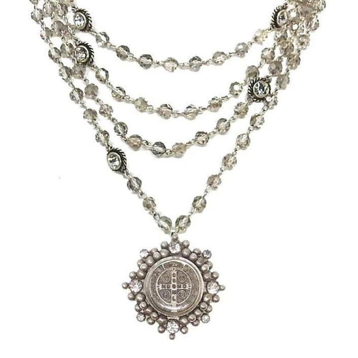 Magdalena Silver 6mm Black Diamond necklace: multi-strand beaded design with a detailed St. Christopher medal pendant.