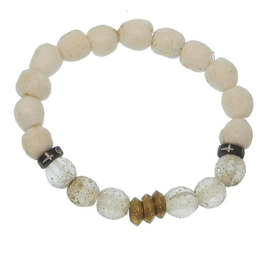 Off-white beaded meditation bracelet with frosted glass & brass accents.