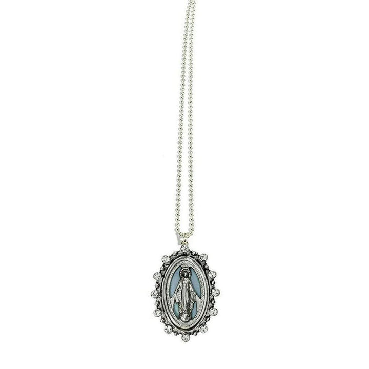 Silver chain necklace featuring an oval Miraculous Medal pendant with rhinestone accents.