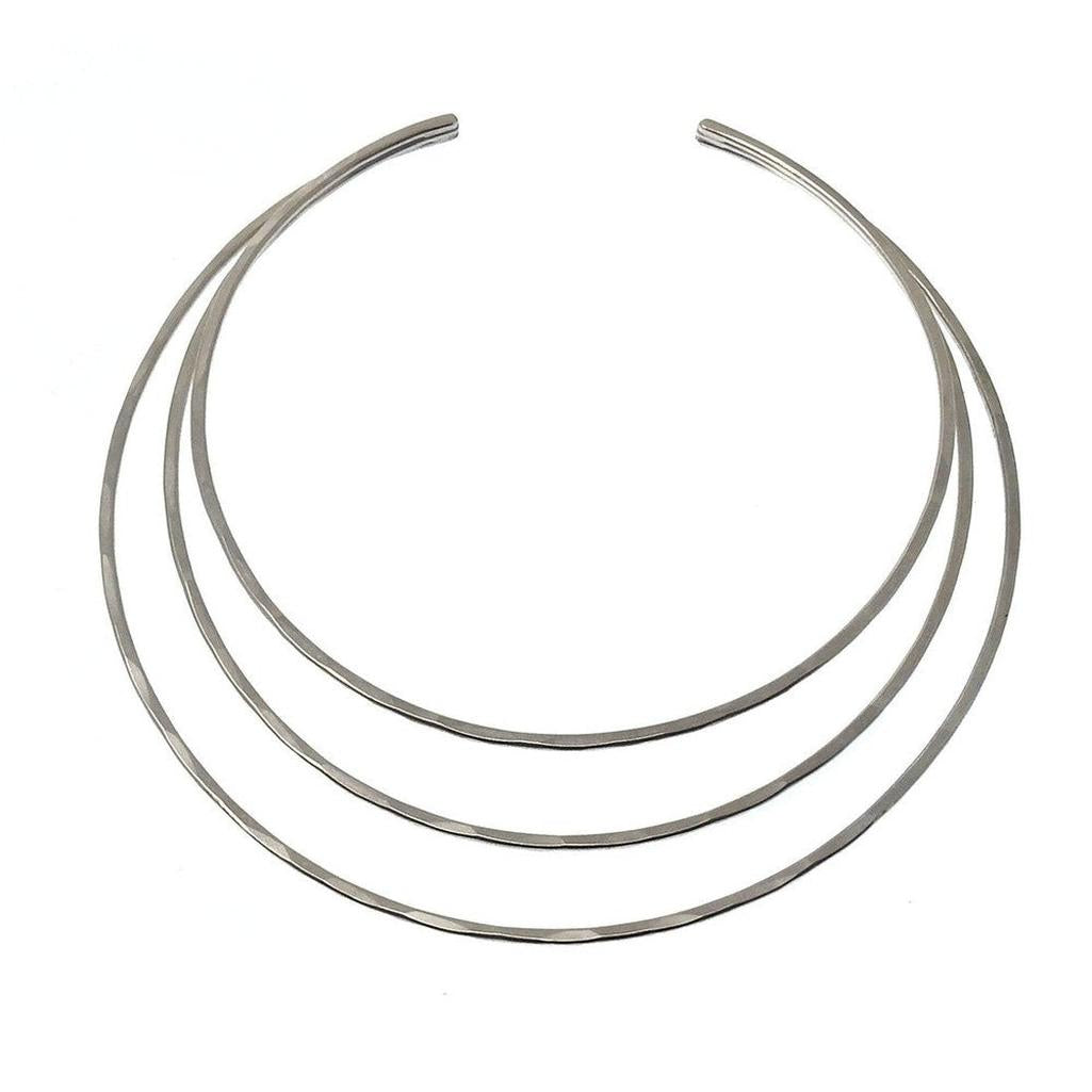 Silver triple-strand modern collar necklace