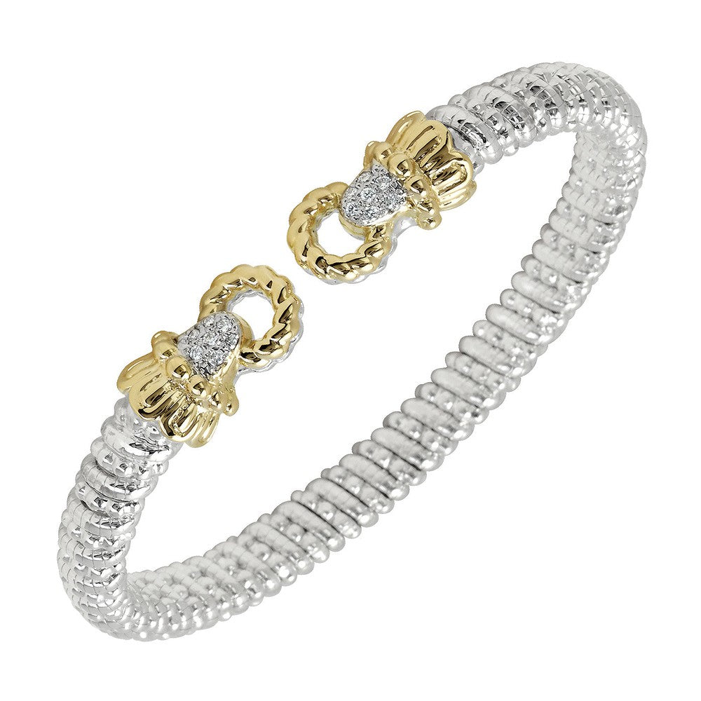6mm Moire Cuff with Pave Diamonds: Two-tone silver and gold bracelet with pave diamond accents.