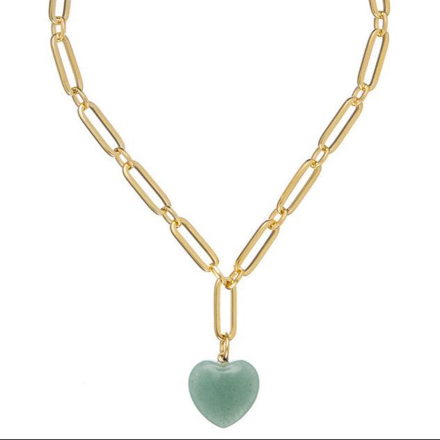 Monroe Heart Necklace – Jade: Gold chain with light green jade heart pendant.