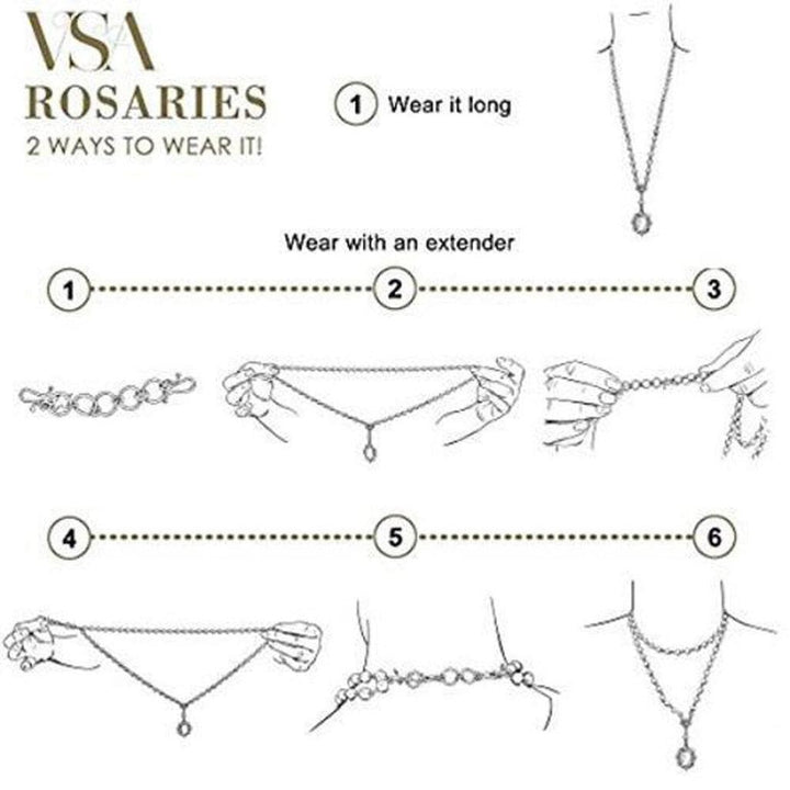 Diagram showing six ways to style a rosary necklace, including long, layered, and shorter styles.