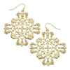 Gold ornate filigree drop earrings with intricate detailing.