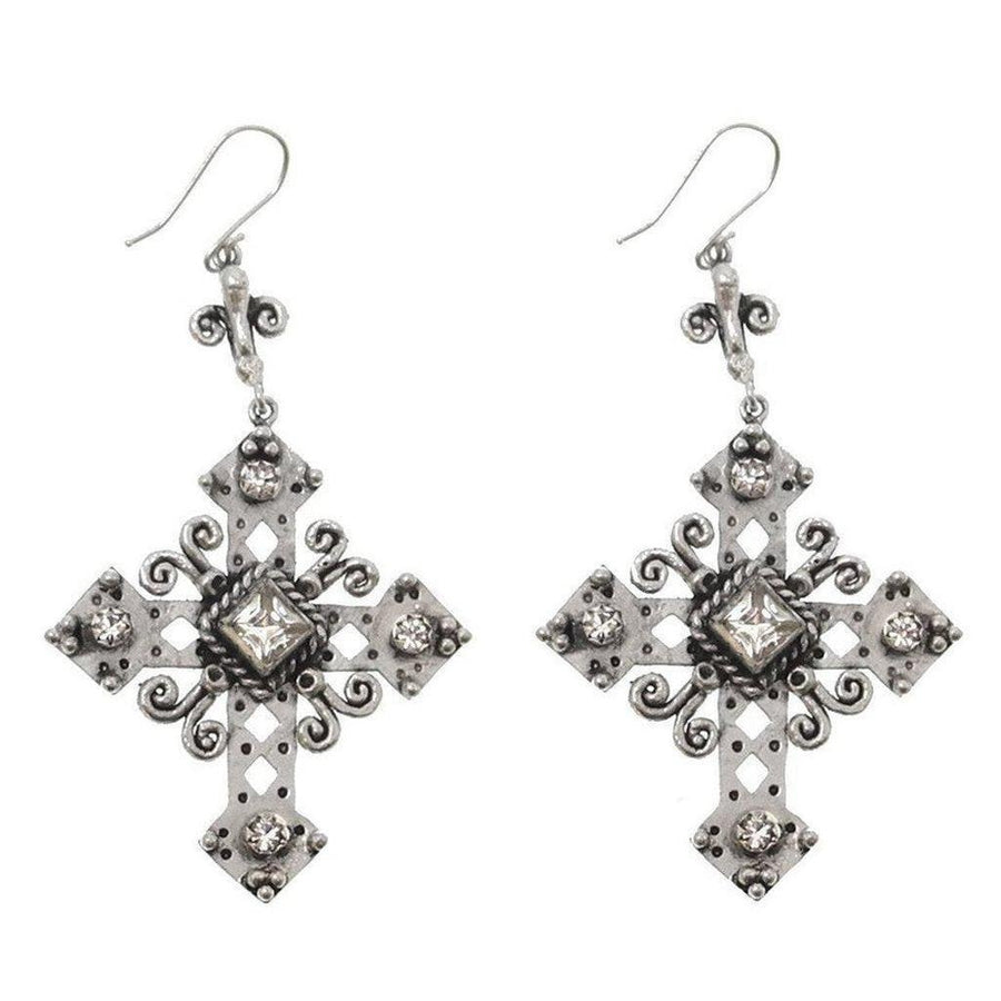 Paloma Cross Earrings: Silver-tone cross design, clear crystal accents.