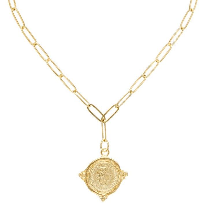 Gold paperclip chain necklace with antique coin pendant