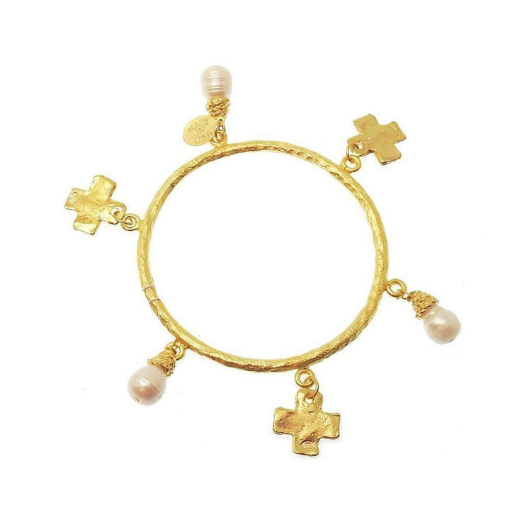 Gold Cross and Pearl Bangle with textured finish.  Made in USA.