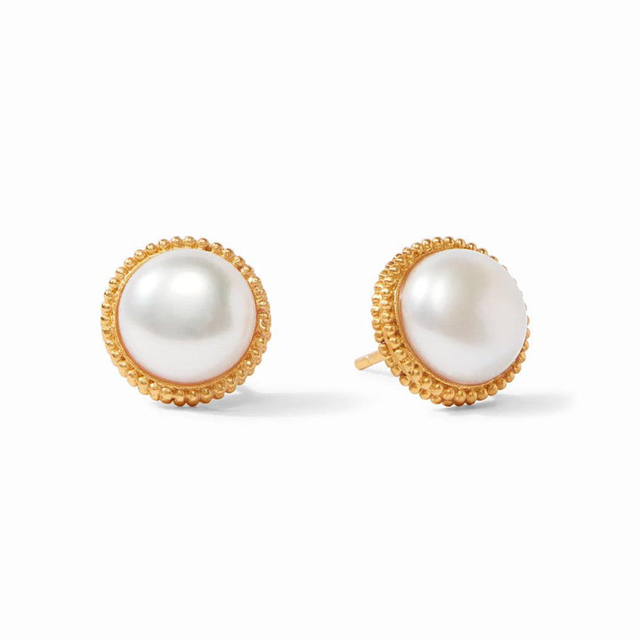 Fleur De Lis gold stud earrings with round white pearls
