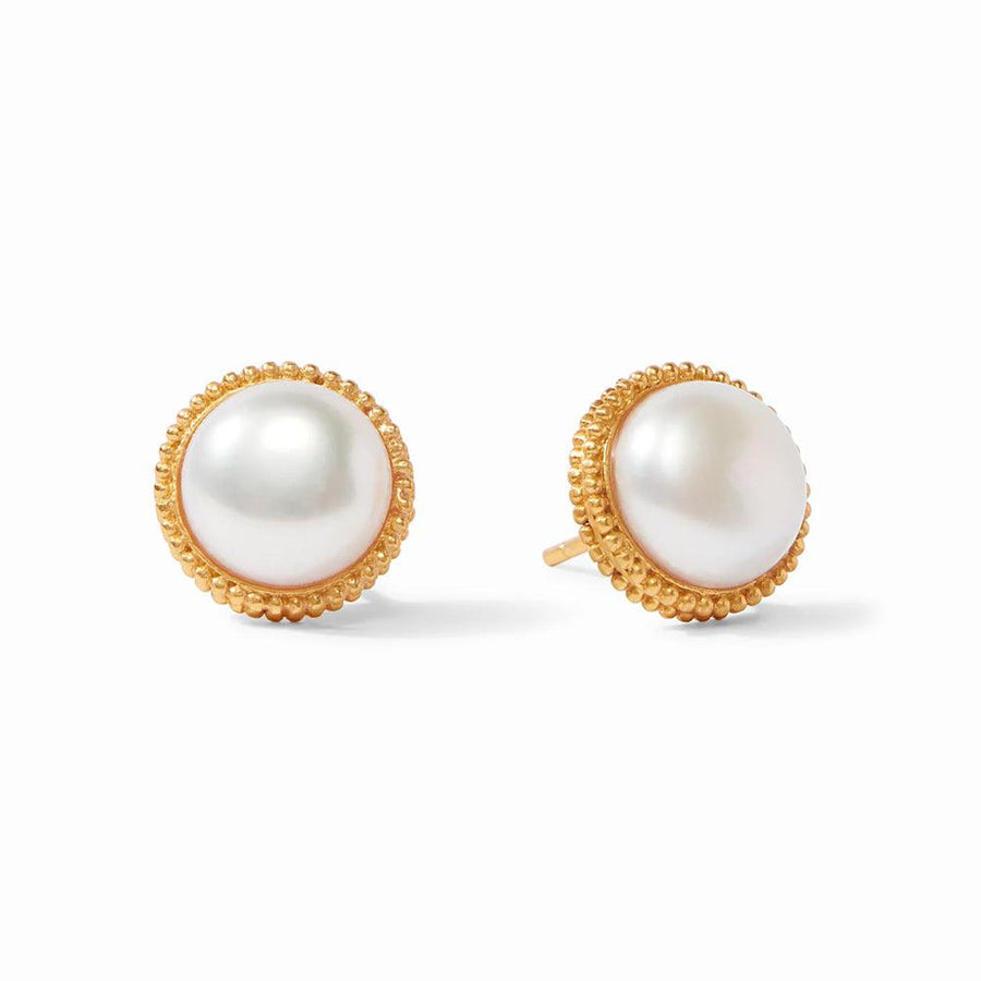 Fleur De Lis gold stud earrings with round white pearls