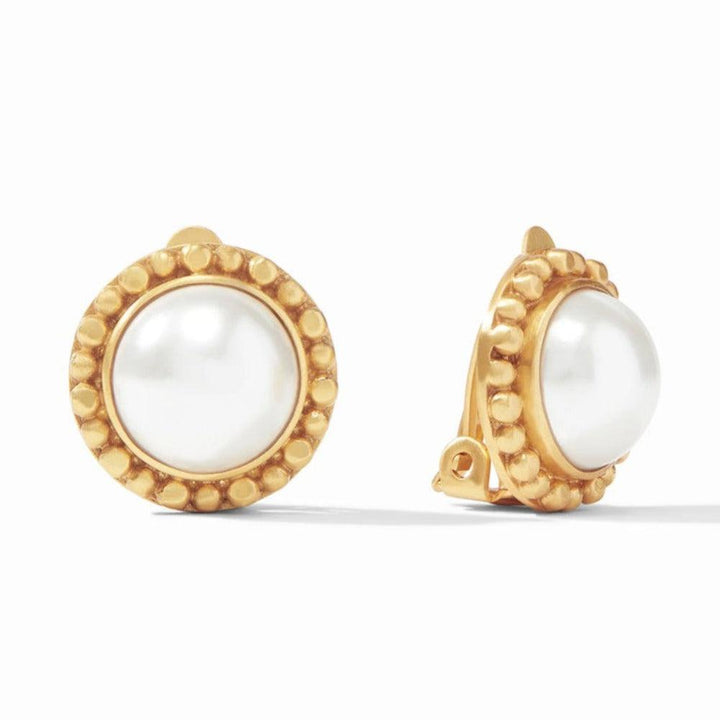 Marbella Pearl Clip Earrings: Gold-tone, round pearl clip-on earrings with beaded detailing.
