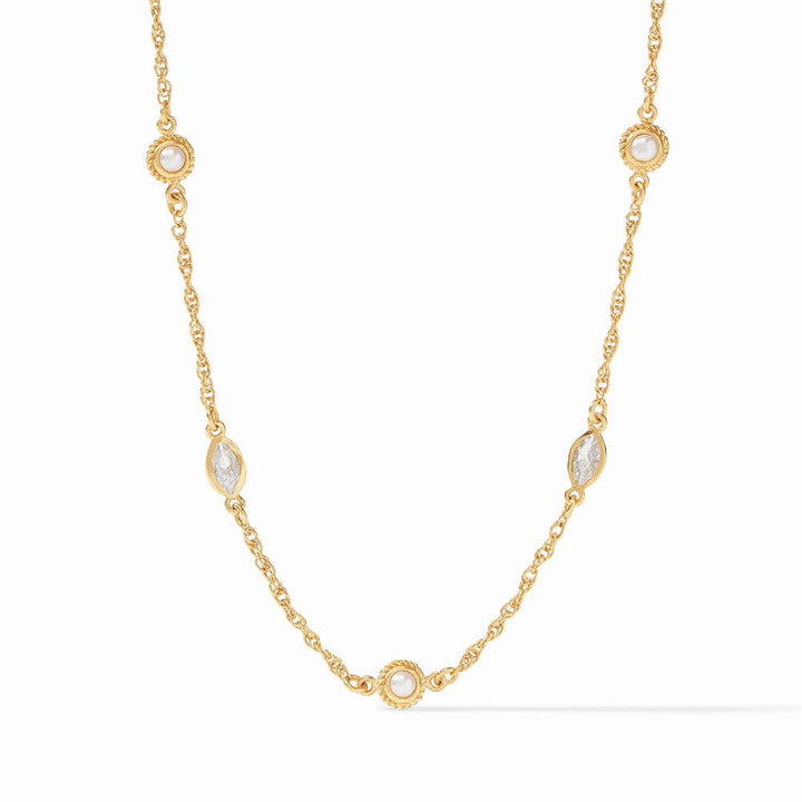 Monaco Delicate Necklace: Gold chain with pearls & marquise-cut stones.
