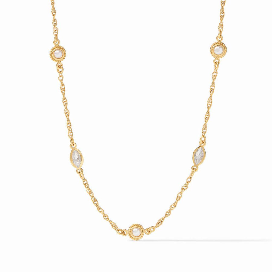 Monaco Delicate Necklace: Gold chain with pearls & marquise-cut stones.