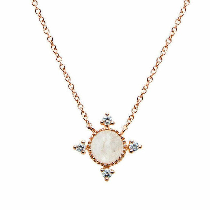 14K rose gold rainbow moonstone necklace with diamond accents.
