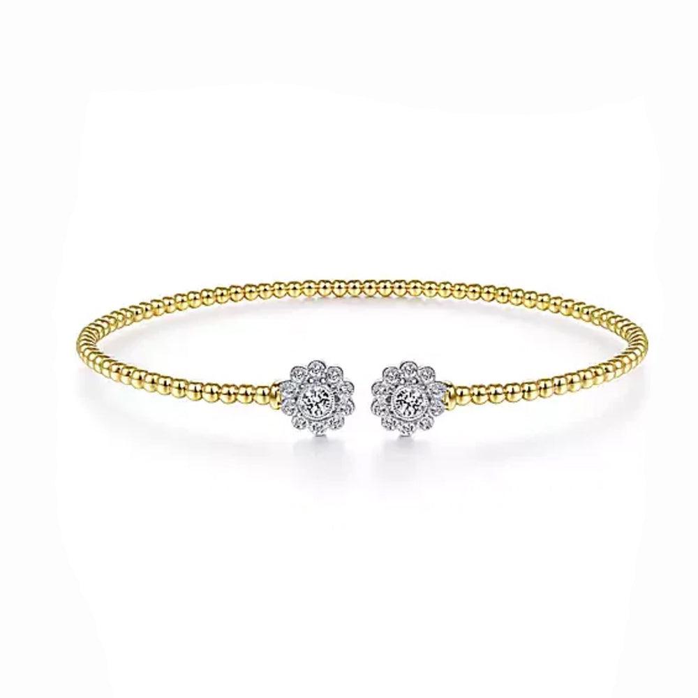 14K Yellow Gold Bujukan Split Cuff with Diamond Flowers-Gabriel & Co-Swag Designer Jewelry