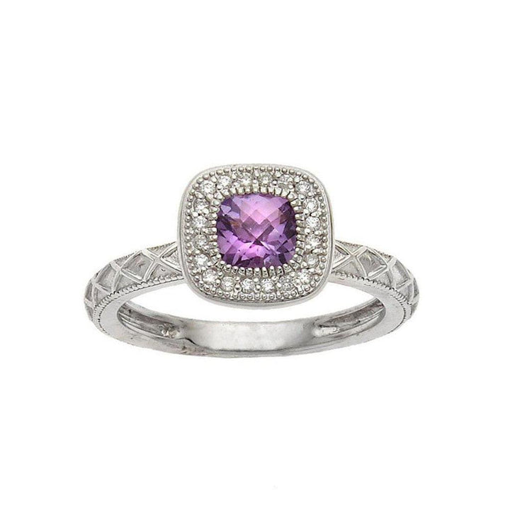 14k white gold amethyst ring with diamond halo
