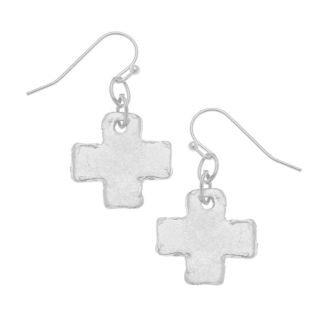 Silver Hammered Cross Dangle Earrings