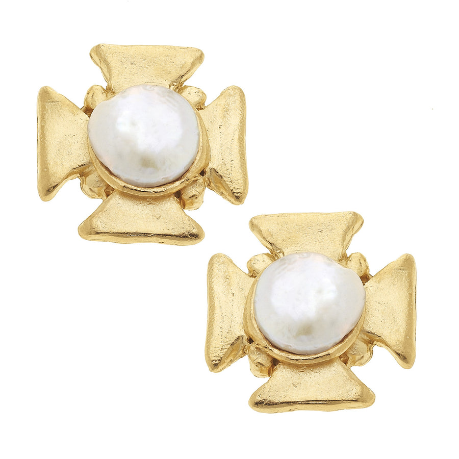 Gold Cross Earrings with Pearl
