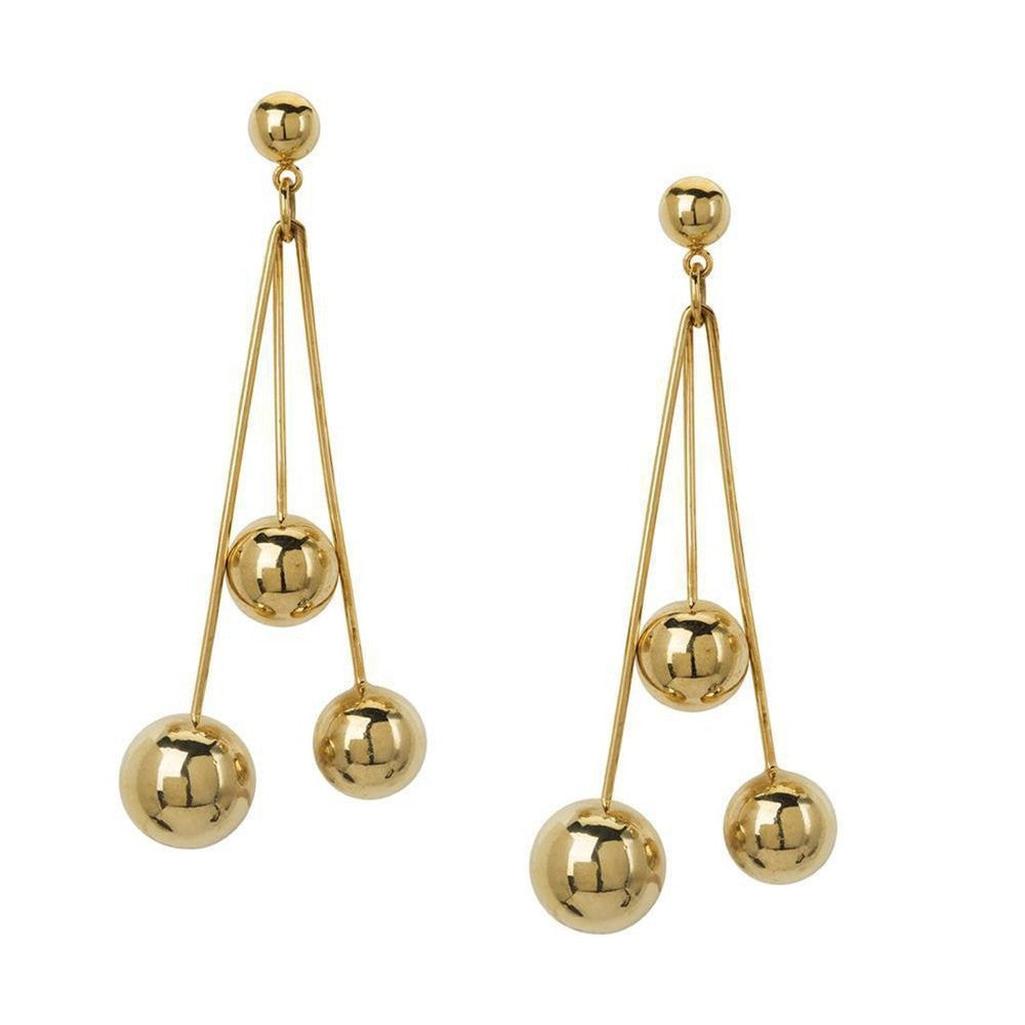 Gold 3-ball drop earrings; geometric design
