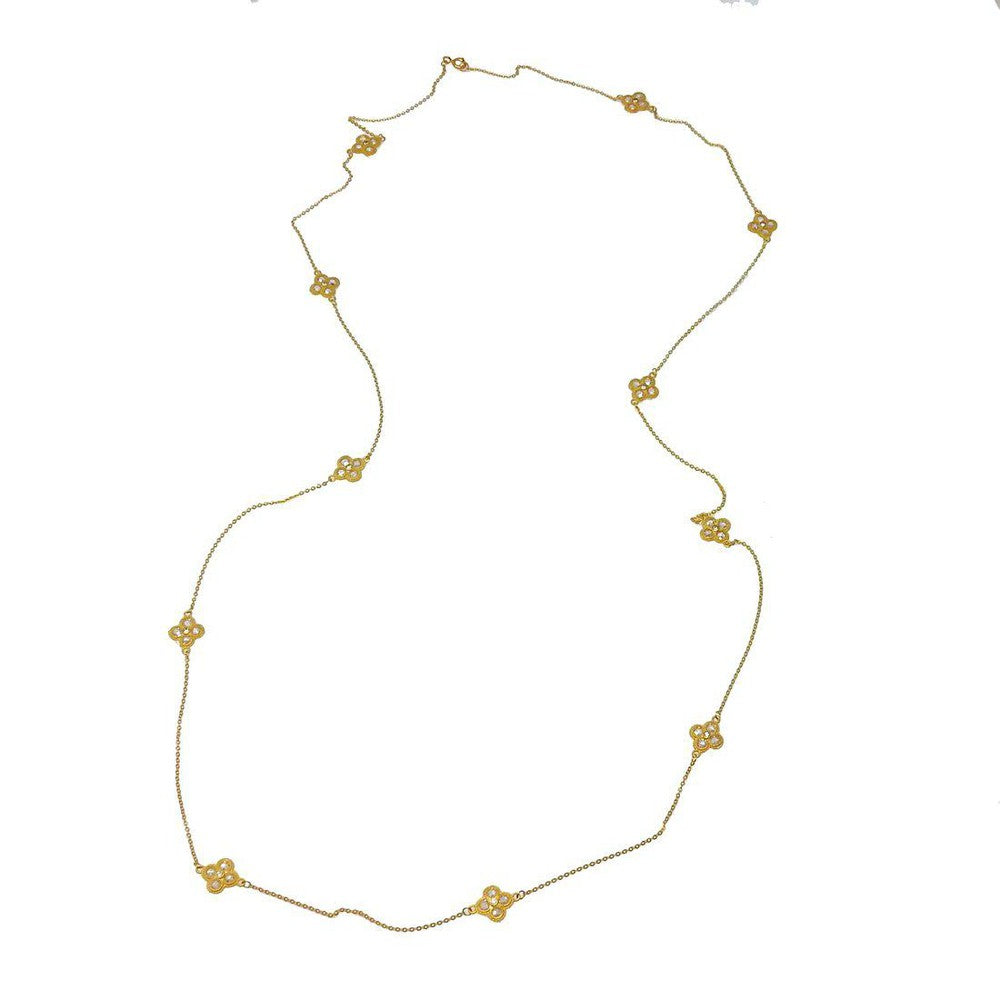 36-inch gold necklace with floral accents and small stones.
