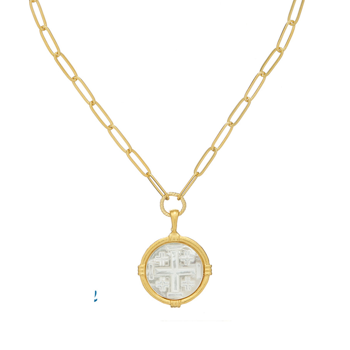 Mother of pearl cross pendant on an 18-inch gold-plated paper clip chain.
