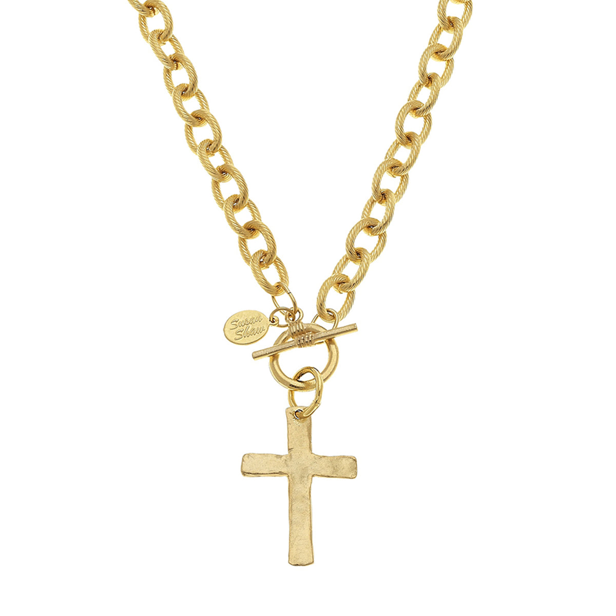 16-inch handcast gold-plated chain necklace featuring a classic cross pendant and a functional toggle closure.