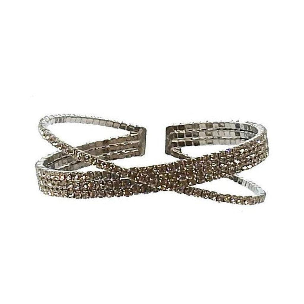 Silver 4-row crystal cuff bracelet with crisscross design.
