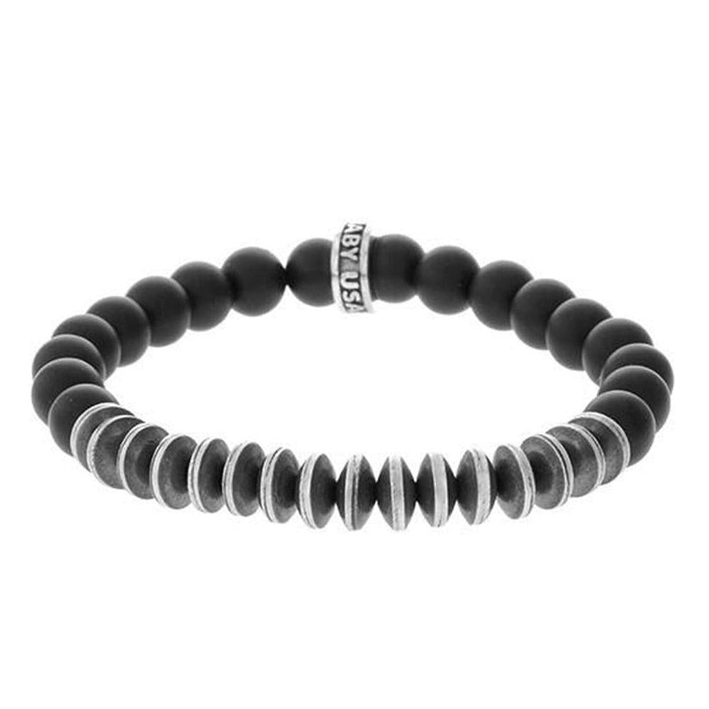 8mm Onyx bracelet with silver disc beads; stylish men's accessory.
