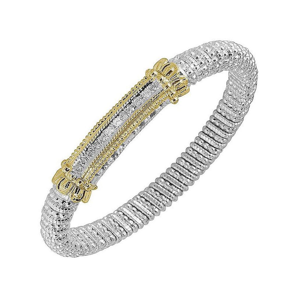 8mm diamond bar bracelet, silver and gold textured band, sparkling accents.
