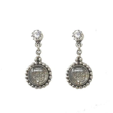 Silver drop earrings featuring clear crystal accents and antique coin detail.

