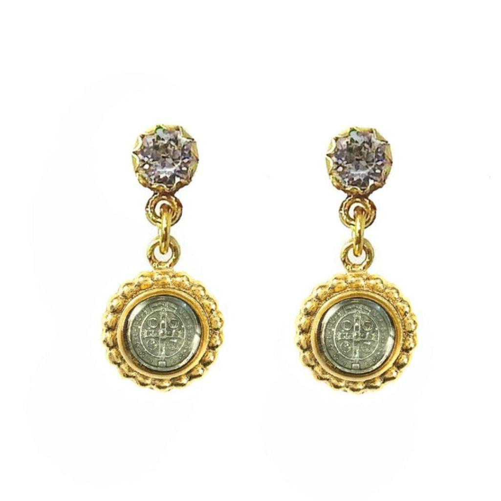 Alejandra gold-tone drop earrings featuring St. Christopher medallions and clear cubic zirconia accents.
