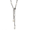 Alice Crystal Lariat necklace: Gray crystal beads & baroque pearls, elegant long design.
