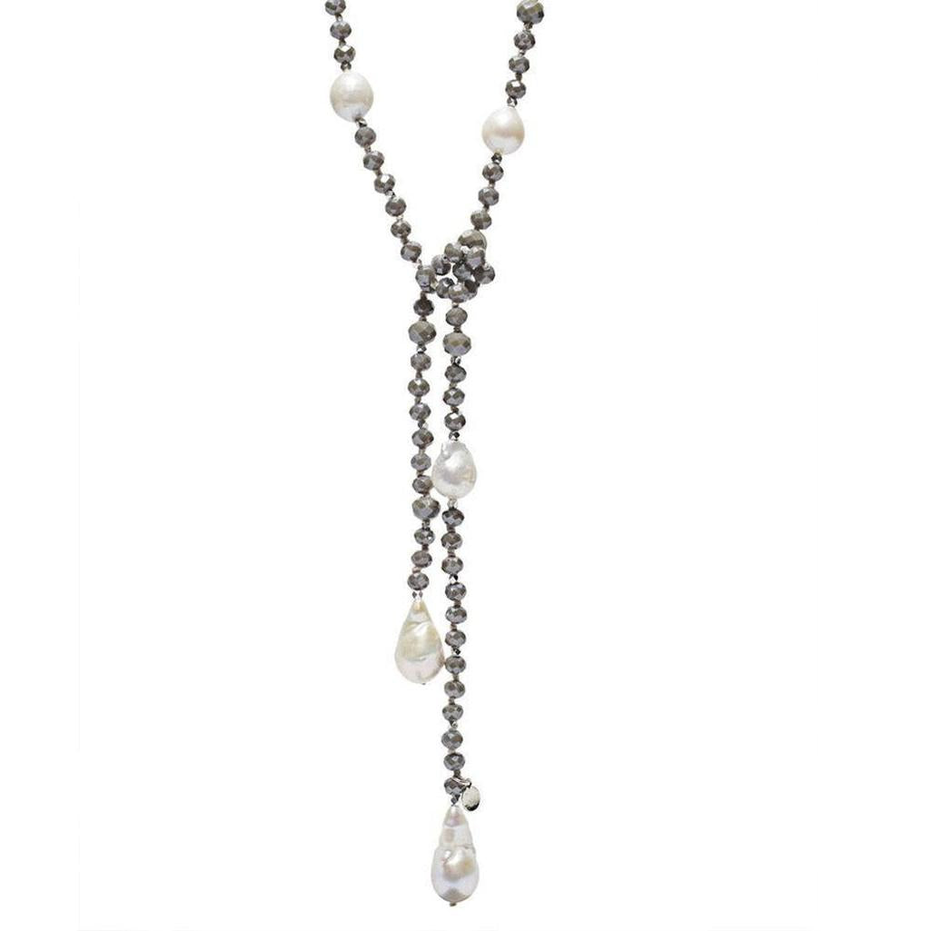 Alice Crystal Lariat necklace: Gray crystal beads & baroque pearls, elegant long design.
