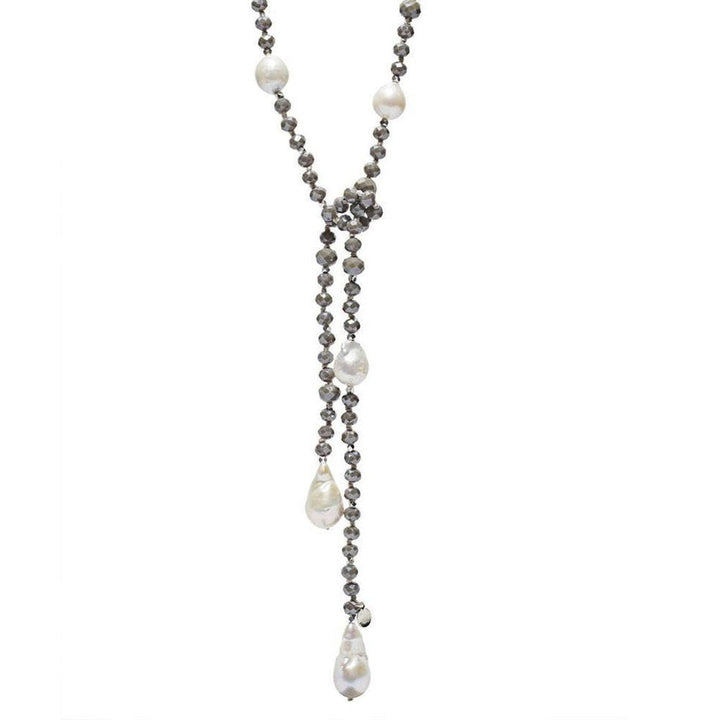 Alice Crystal Lariat necklace: Gray crystal beads & baroque pearls, elegant long design.
