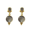 Gold drop earrings featuring clear glass medallions with silver-toned religious charms and clear cubic zirconia accents.

