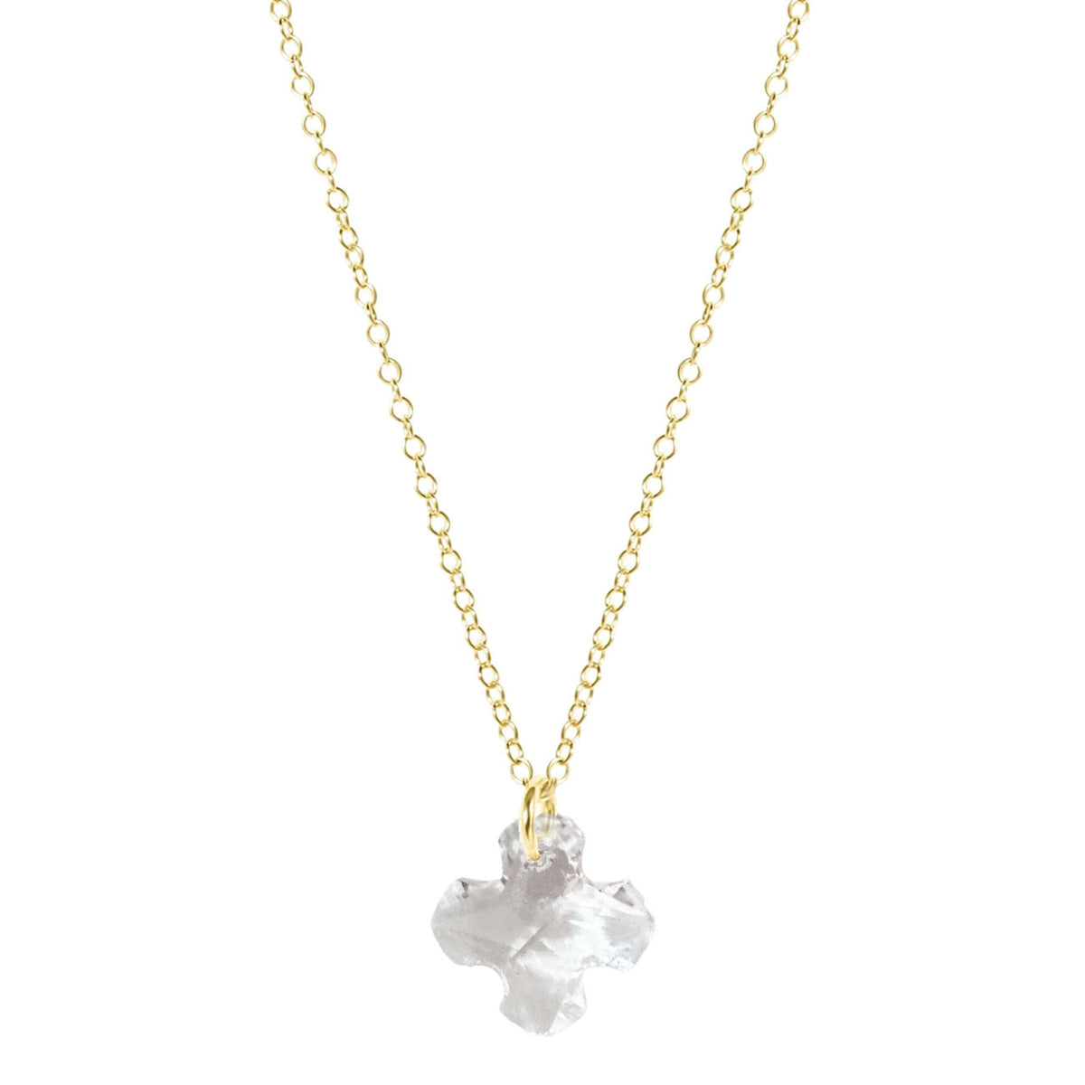 14k gold vermeil Greek cross necklace with a clear crystal pendant on an 18-inch gold chain.
