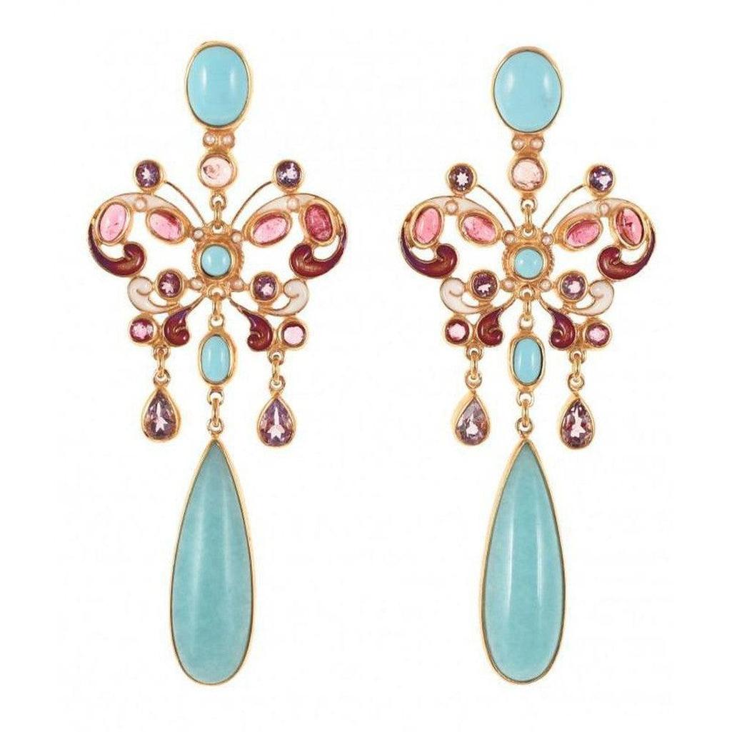 Amazonite Butterfly Drop Earrings: Turquoise, pink & amethyst gemstone butterfly design with gold accents.
