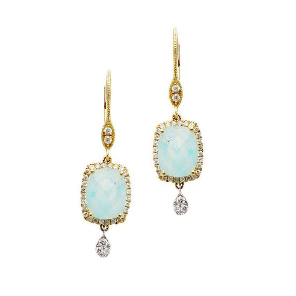 Amazonite gold drop earrings with cushion-cut gemstones and diamond accents.
