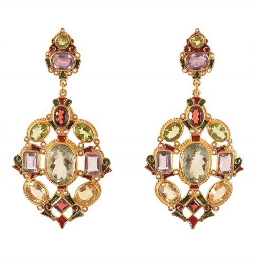 Amethyst, peridot, garnet, and citrine gemstone earrings; gold-tone setting with enamel detailing.
