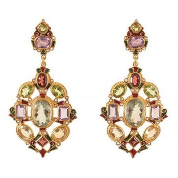 Amethyst, peridot, garnet, and citrine gemstone earrings; gold-tone setting with enamel detailing.

