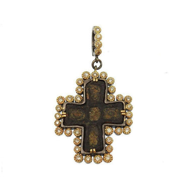 Ancient Cross with Beaded Diamond Bezel pendant:  Antique bronze cross framed by shimmering diamonds.

