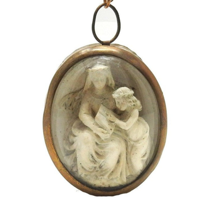 Antique Icon of St. Ann and Mary necklace: oval bronze frame, gold chain, delicate ivory cameo.
