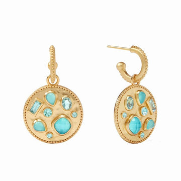 Antonia Mosaic Hoop and Charm Earrings: Gold hoops with turquoise and blue gemstone accents.
